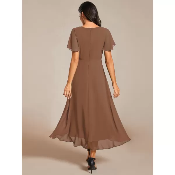 imageEverPretty Womens A Line V Neck Ruffle Sleeves Pleated High Low Formal Dresses 02084Brown