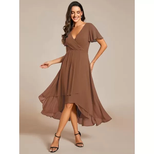 imageEverPretty Womens A Line V Neck Ruffle Sleeves Pleated High Low Formal Dresses 02084Brown