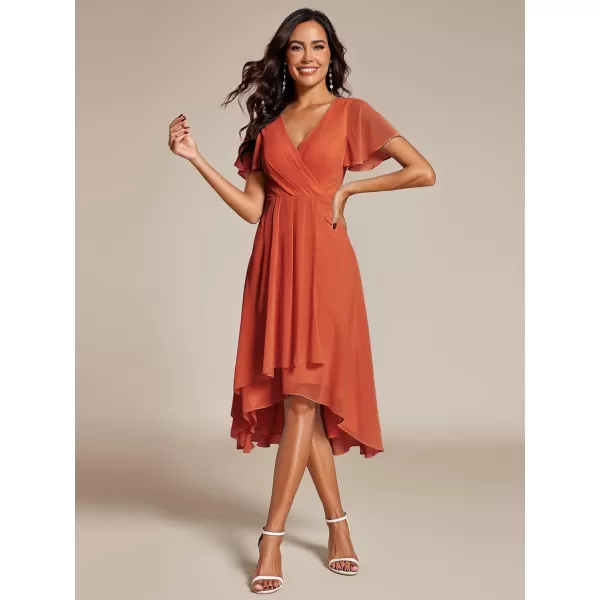 imageEverPretty Womens A Line V Neck Ruffle Sleeves Pleated High Low Formal Dresses 02084Burnt Orange