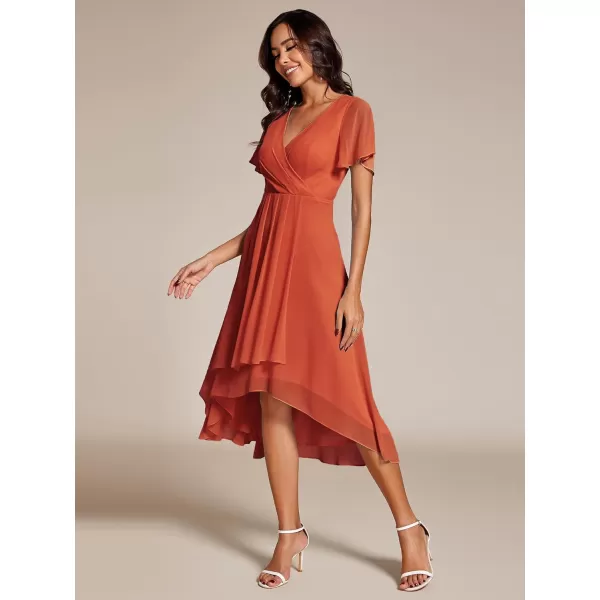 imageEverPretty Womens A Line V Neck Ruffle Sleeves Pleated High Low Formal Dresses 02084Burnt Orange