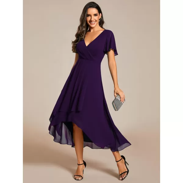 imageEverPretty Womens A Line V Neck Ruffle Sleeves Pleated High Low Formal Dresses 02084Deep Purple