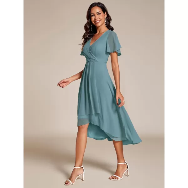 imageEverPretty Womens A Line V Neck Ruffle Sleeves Pleated High Low Formal Dresses 02084Dusty Blue