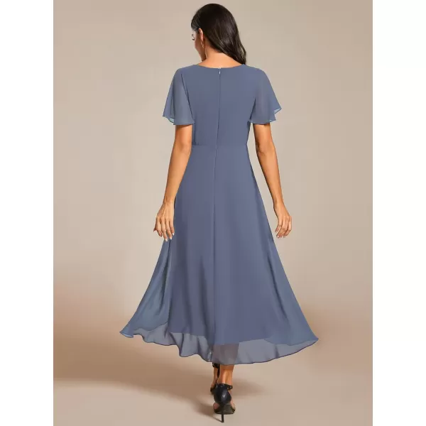 imageEverPretty Womens A Line V Neck Ruffle Sleeves Pleated High Low Formal Dresses 02084Dusty Navy