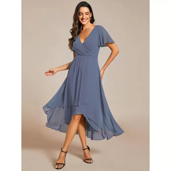 imageEverPretty Womens A Line V Neck Ruffle Sleeves Pleated High Low Formal Dresses 02084Dusty Navy