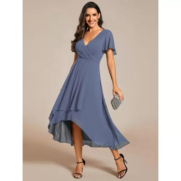 imageEverPretty Womens A Line V Neck Ruffle Sleeves Pleated High Low Formal Dresses 02084Dusty Navy