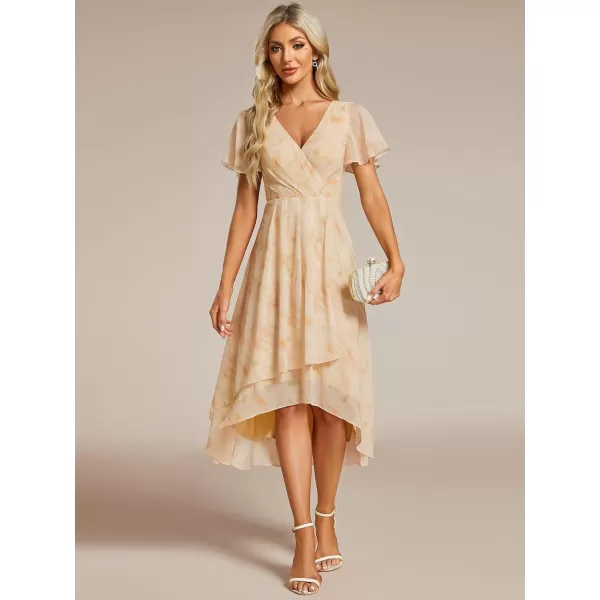 imageEverPretty Womens A Line V Neck Ruffle Sleeves Pleated High Low Formal Dresses 02084Golden Roses