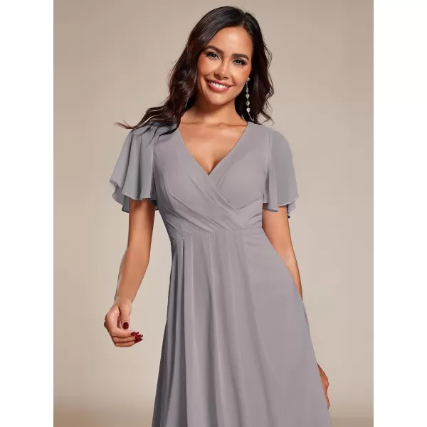 imageEverPretty Womens A Line V Neck Ruffle Sleeves Pleated High Low Formal Dresses 02084Grey