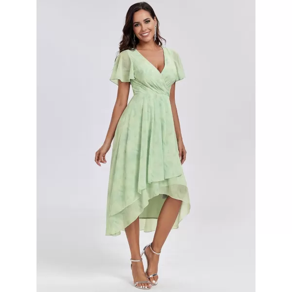 imageEverPretty Womens A Line V Neck Ruffle Sleeves Pleated High Low Formal Dresses 02084Light Green Roses