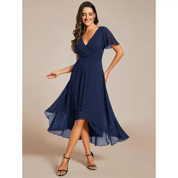 imageEverPretty Womens A Line V Neck Ruffle Sleeves Pleated High Low Formal Dresses 02084Navy Blue