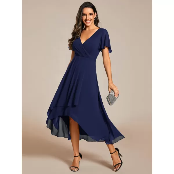 imageEverPretty Womens A Line V Neck Ruffle Sleeves Pleated High Low Formal Dresses 02084Navy Blue