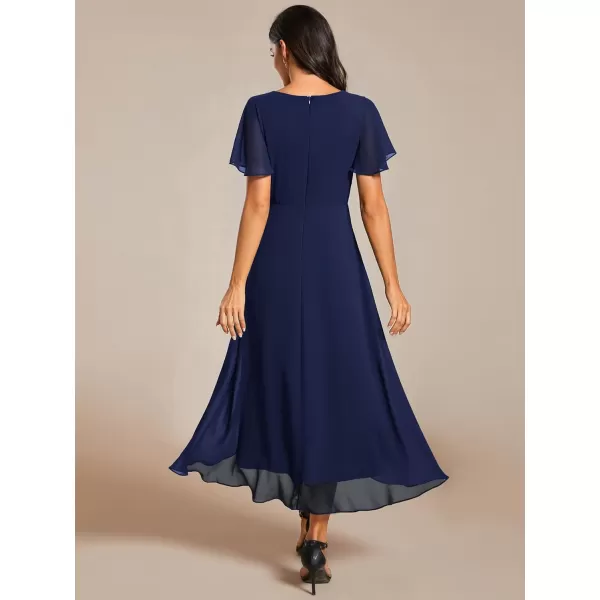 imageEverPretty Womens A Line V Neck Ruffle Sleeves Pleated High Low Formal Dresses 02084Navy Blue