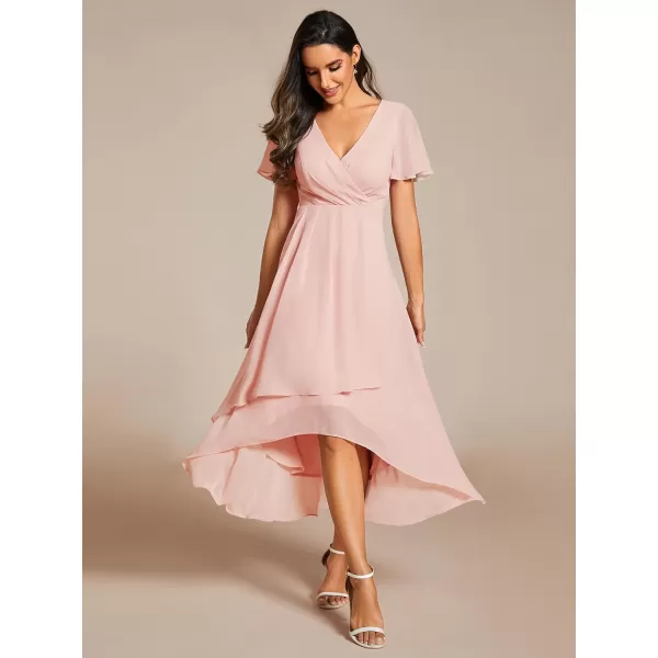 imageEverPretty Womens A Line V Neck Ruffle Sleeves Pleated High Low Formal Dresses 02084Pink