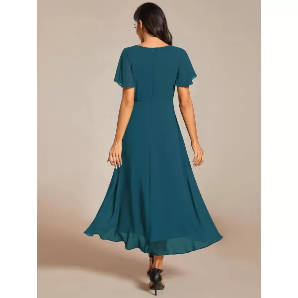 imageEverPretty Womens A Line V Neck Ruffle Sleeves Pleated High Low Formal Dresses 02084Teal