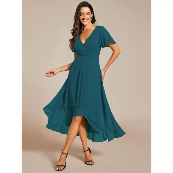 imageEverPretty Womens A Line V Neck Ruffle Sleeves Pleated High Low Formal Dresses 02084Teal