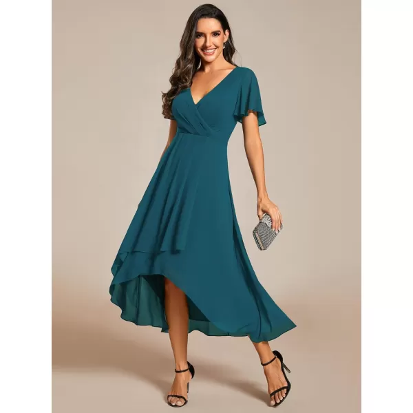 imageEverPretty Womens A Line V Neck Ruffle Sleeves Pleated High Low Formal Dresses 02084Teal