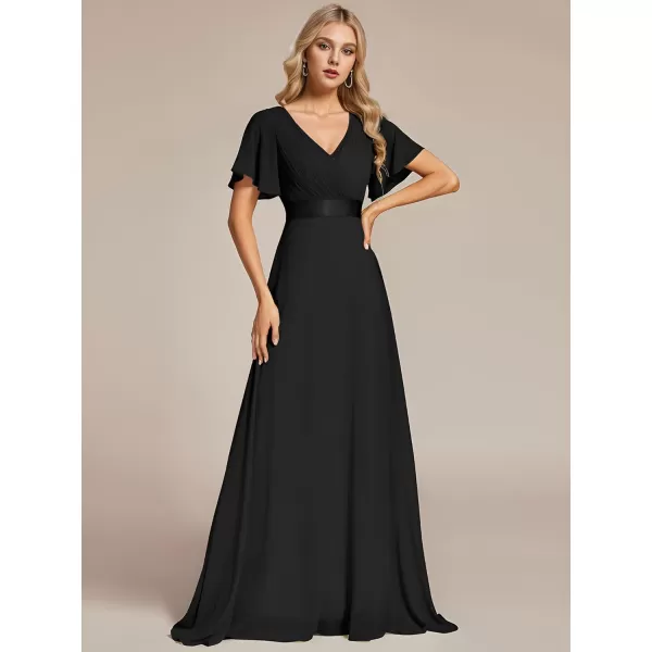 imageEverPretty Womens Bridemaids Dress V Neck Short Sleeves A Line Chiffon Long Formal DressesBlack