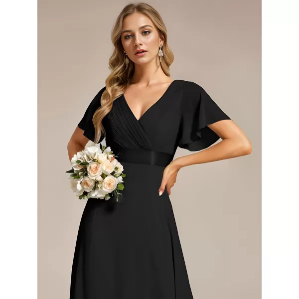 imageEverPretty Womens Bridemaids Dress V Neck Short Sleeves A Line Chiffon Long Formal DressesBlack