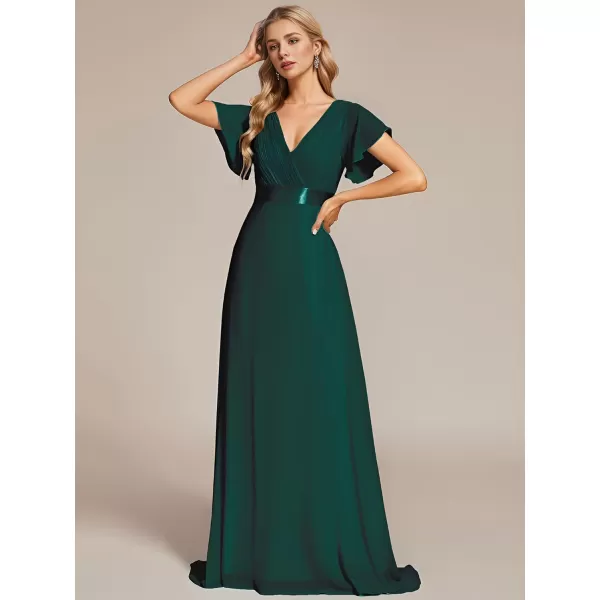 imageEverPretty Womens Bridemaids Dress V Neck Short Sleeves A Line Chiffon Long Formal DressesDark Green