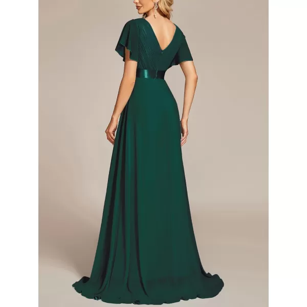 imageEverPretty Womens Bridemaids Dress V Neck Short Sleeves A Line Chiffon Long Formal DressesDark Green