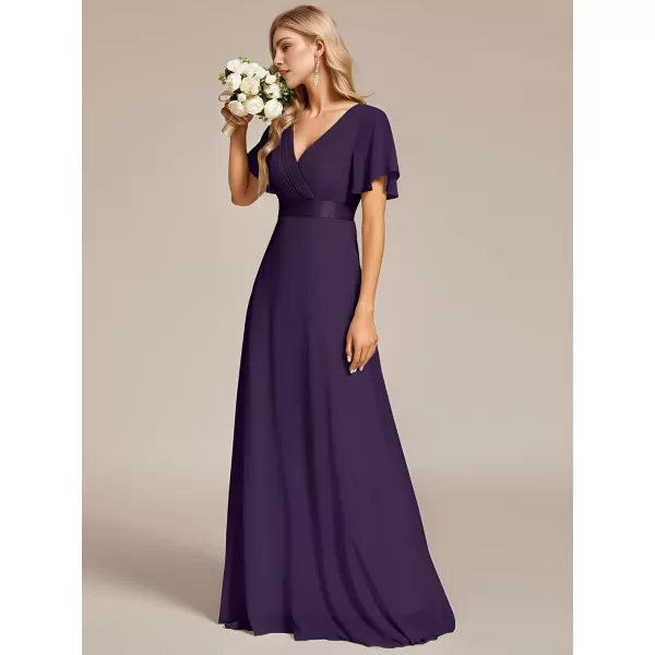 imageEverPretty Womens Bridemaids Dress V Neck Short Sleeves A Line Chiffon Long Formal DressesDeep Purple