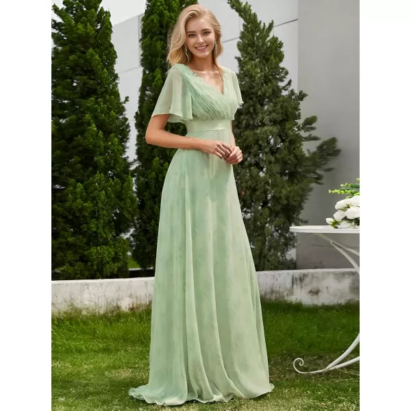 imageEverPretty Womens Bridemaids Dress V Neck Short Sleeves A Line Chiffon Long Formal DressesLight Green Roses