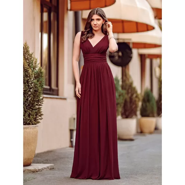 imageEverPretty Womens Bridesmaid Dress VNeck Sleeveless A Line Chiffon Floor Length Formal Dress 09016Burgundy