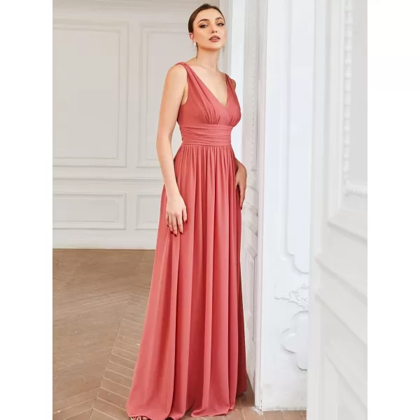 imageEverPretty Womens Bridesmaid Dress VNeck Sleeveless A Line Chiffon Floor Length Formal Dress 09016Coral