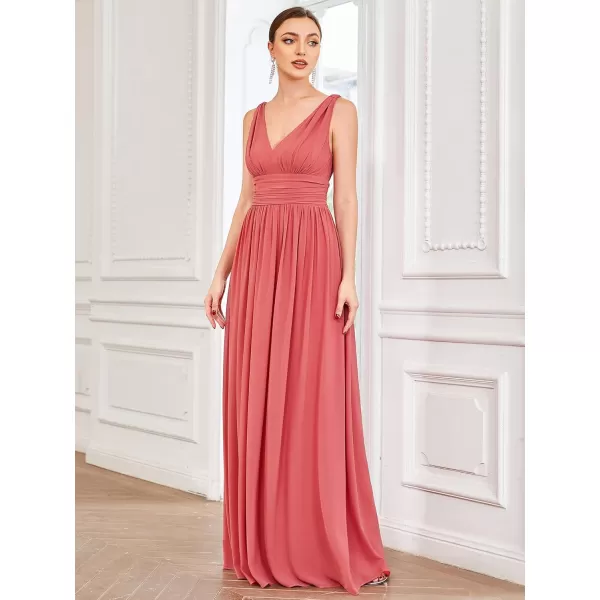 imageEverPretty Womens Bridesmaid Dress VNeck Sleeveless A Line Chiffon Floor Length Formal Dress 09016Coral