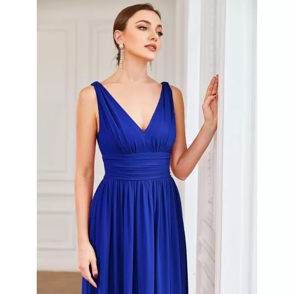 imageEverPretty Womens Bridesmaid Dress VNeck Sleeveless A Line Chiffon Floor Length Formal Dress 09016Sapphire Blue