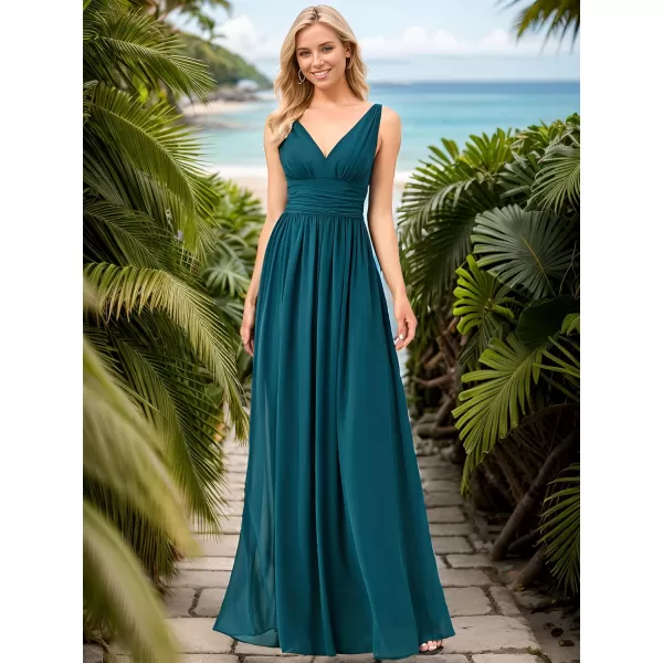 imageEverPretty Womens Bridesmaid Dress VNeck Sleeveless A Line Chiffon Floor Length Formal Dress 09016Teal