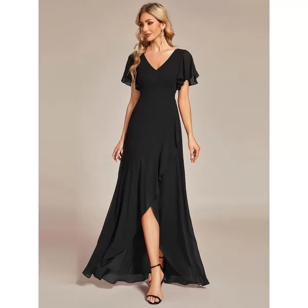 imageEverPretty Womens Double V Neck A Line Ruffle Hem Backless High Low Chiffon Wedding Guest DressesBlack