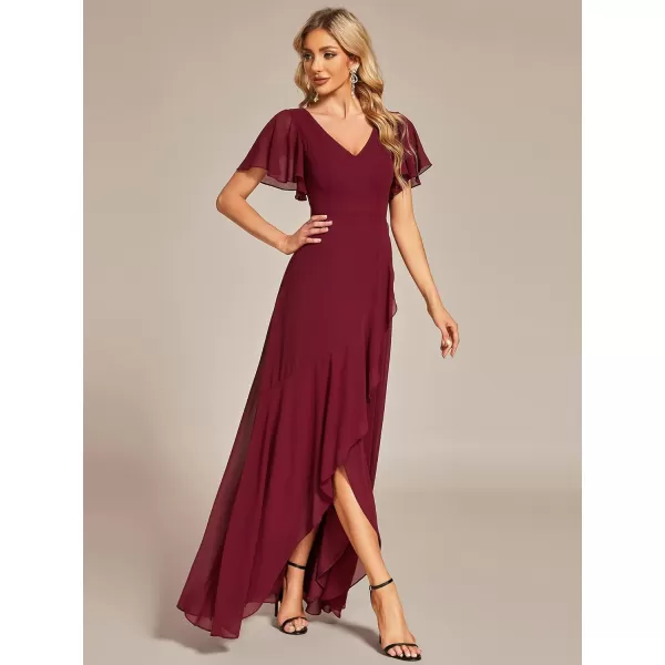 imageEverPretty Womens Double V Neck A Line Ruffle Hem Backless High Low Chiffon Wedding Guest DressesBurgundy