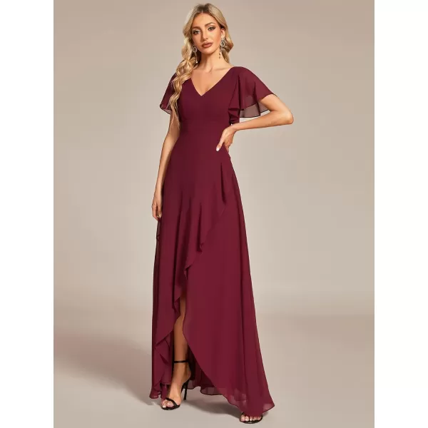 imageEverPretty Womens Double V Neck A Line Ruffle Hem Backless High Low Chiffon Wedding Guest DressesBurgundy