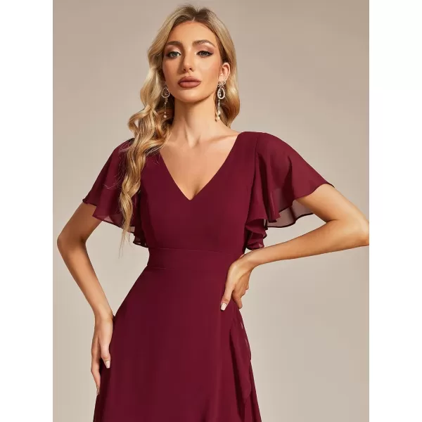 imageEverPretty Womens Double V Neck A Line Ruffle Hem Backless High Low Chiffon Wedding Guest DressesBurgundy