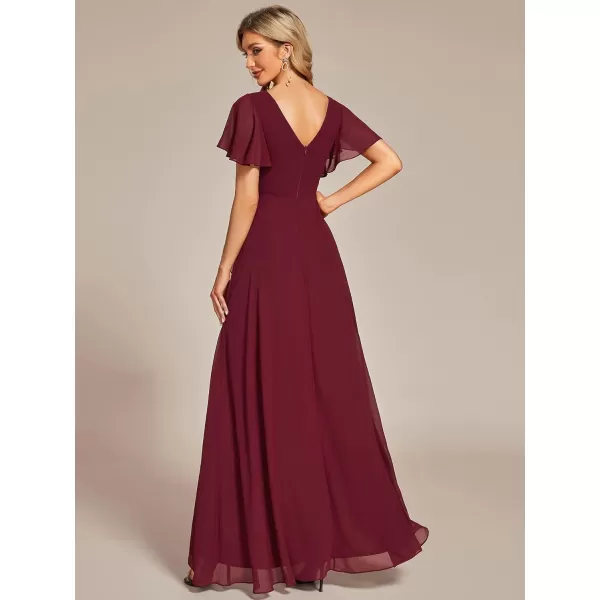 imageEverPretty Womens Double V Neck A Line Ruffle Hem Backless High Low Chiffon Wedding Guest DressesBurgundy