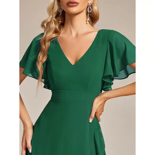 imageEverPretty Womens Double V Neck A Line Ruffle Hem Backless High Low Chiffon Wedding Guest DressesDark Green