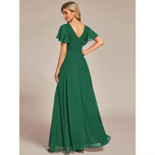 imageEverPretty Womens Double V Neck A Line Ruffle Hem Backless High Low Chiffon Wedding Guest DressesDark Green