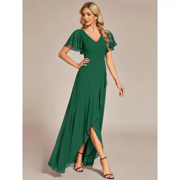 imageEverPretty Womens Double V Neck A Line Ruffle Hem Backless High Low Chiffon Wedding Guest DressesDark Green