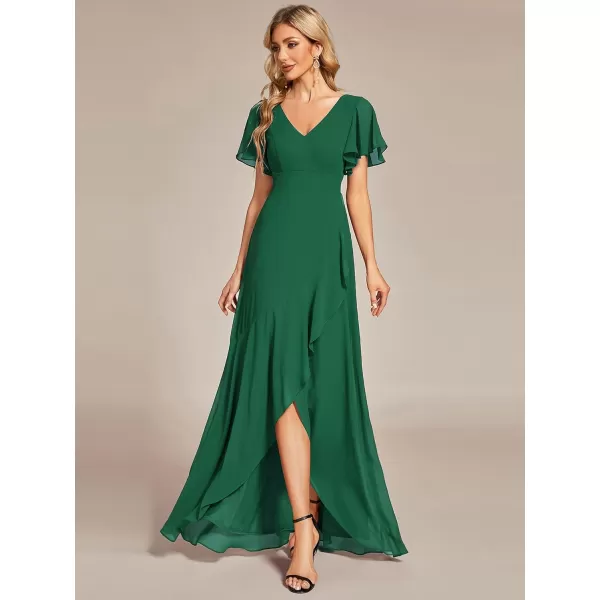 imageEverPretty Womens Double V Neck A Line Ruffle Hem Backless High Low Chiffon Wedding Guest DressesDark Green