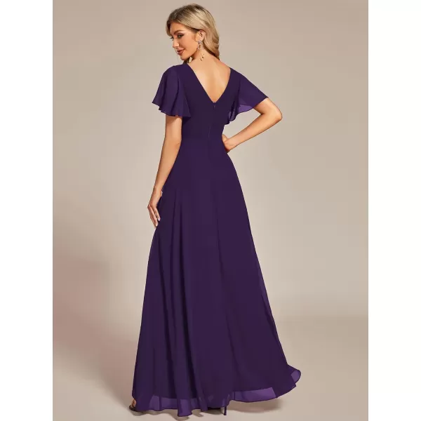 imageEverPretty Womens Double V Neck A Line Ruffle Hem Backless High Low Chiffon Wedding Guest DressesDeep Purple