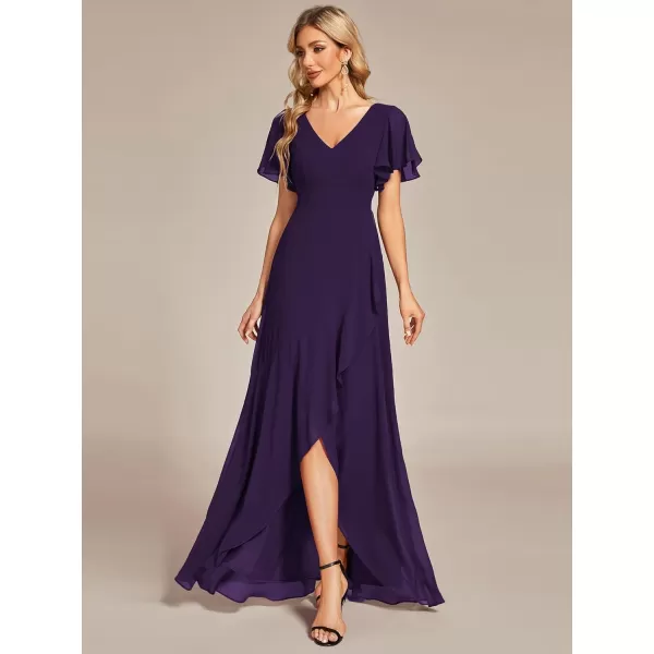 imageEverPretty Womens Double V Neck A Line Ruffle Hem Backless High Low Chiffon Wedding Guest DressesDeep Purple