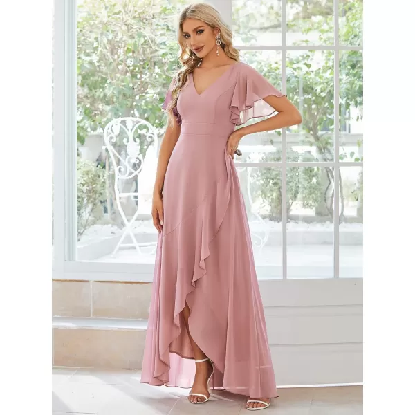 imageEverPretty Womens Double V Neck A Line Ruffle Hem Backless High Low Chiffon Wedding Guest DressesDusty Rose