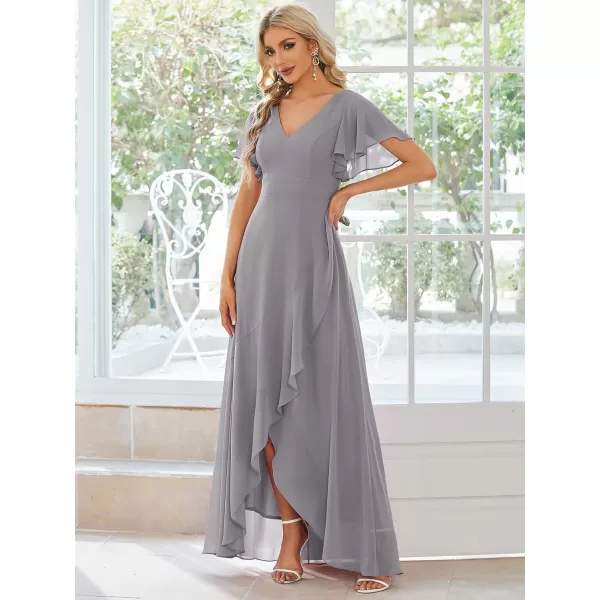 imageEverPretty Womens Double V Neck A Line Ruffle Hem Backless High Low Chiffon Wedding Guest DressesGrey