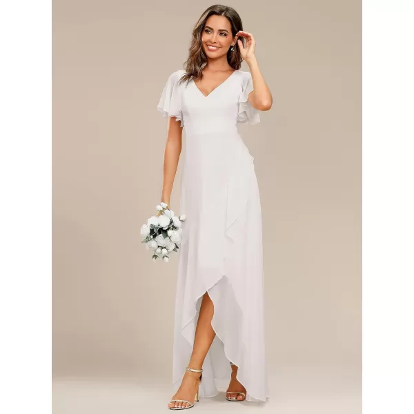 imageEverPretty Womens Double V Neck A Line Ruffle Hem Backless High Low Chiffon Wedding Guest DressesWhite