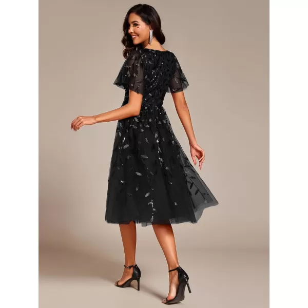 imageEverPretty Womens Elegant A Line Embroidery Tulle Sequins Short Sleeves Midi Wedding Guest Dress 02230Black