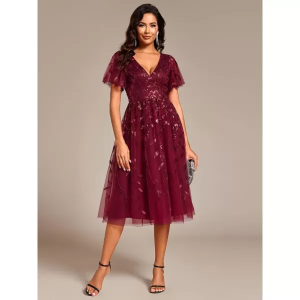 imageEverPretty Womens Elegant A Line Embroidery Tulle Sequins Short Sleeves Midi Wedding Guest Dress 02230Burgundy