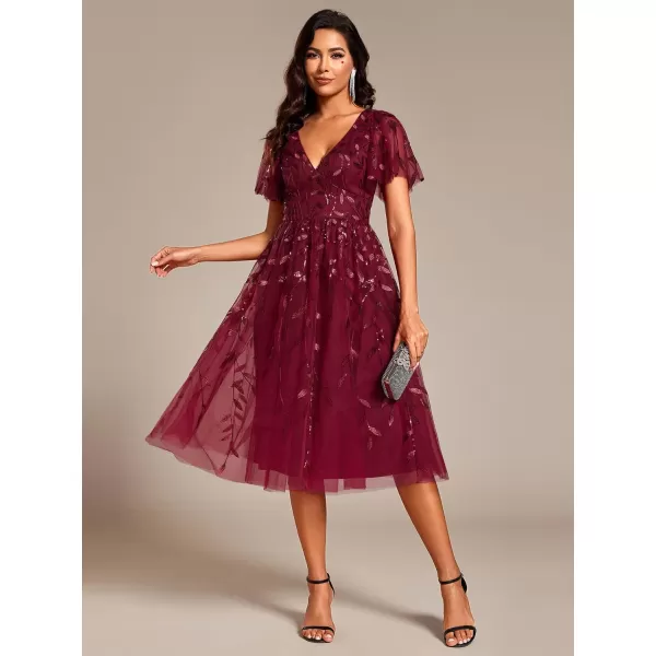 imageEverPretty Womens Elegant A Line Embroidery Tulle Sequins Short Sleeves Midi Wedding Guest Dress 02230Burgundy