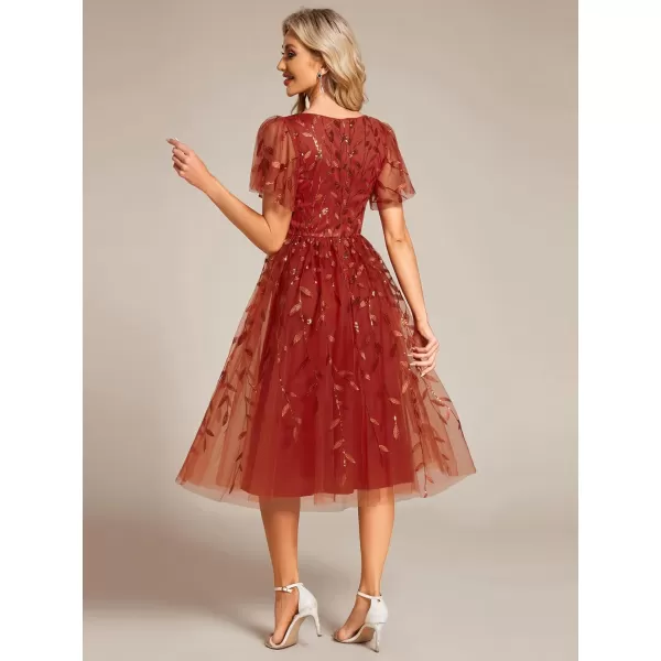 imageEverPretty Womens Elegant A Line Embroidery Tulle Sequins Short Sleeves Midi Wedding Guest Dress 02230Burntorange