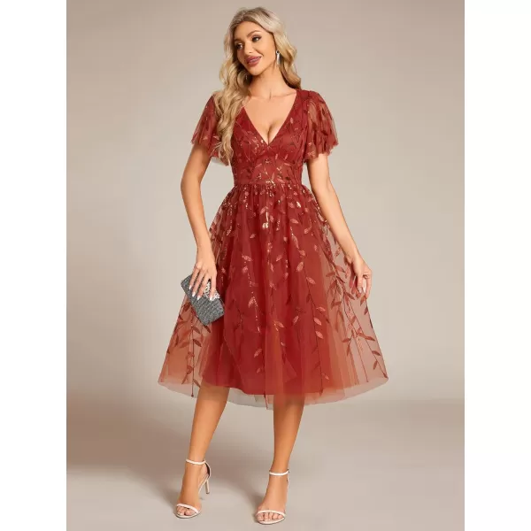 imageEverPretty Womens Elegant A Line Embroidery Tulle Sequins Short Sleeves Midi Wedding Guest Dress 02230Burntorange