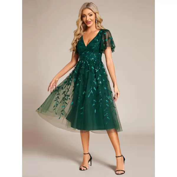 imageEverPretty Womens Elegant A Line Embroidery Tulle Sequins Short Sleeves Midi Wedding Guest Dress 02230Dark Green